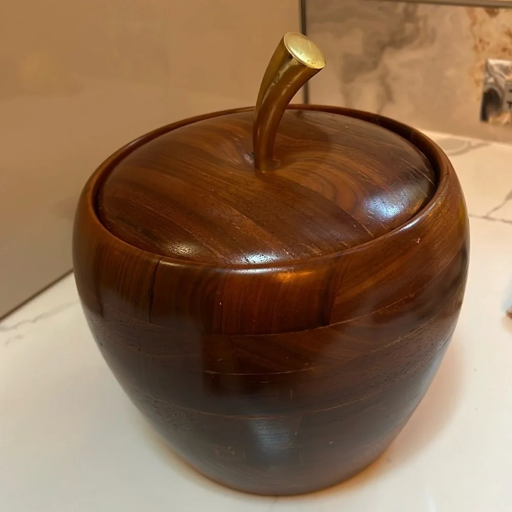 MCM Vintage Large Solid Walnut Ice Bucket Apple Shaped Brass Top